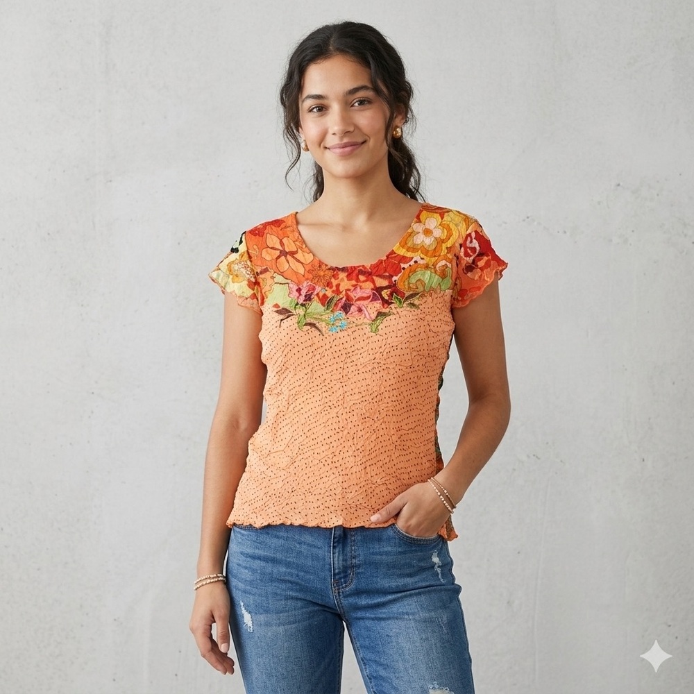 Alberto Makali Y2K Silk Look Orange Floral Crinkle Mesh Top Blouse Large L Boho - Picture 15 of 15